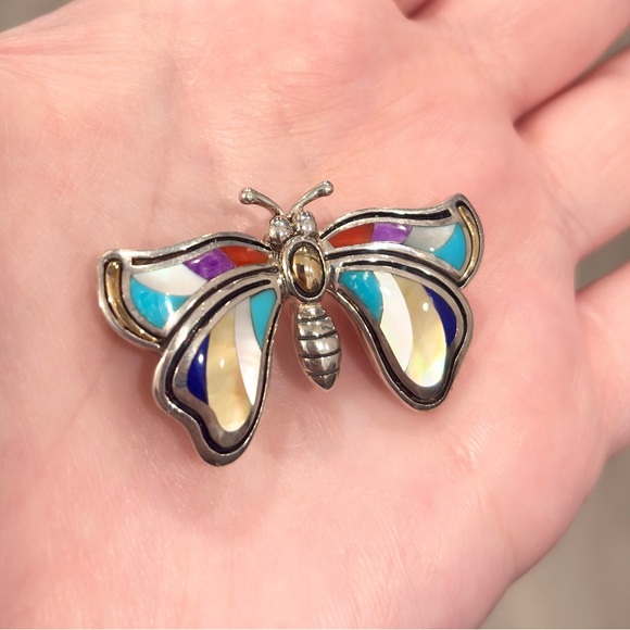 Grossbardt Southwestern Butterfly Pendant/Brooch, Colorful Inlay 925 18K Luxury - Picture 4 of 15